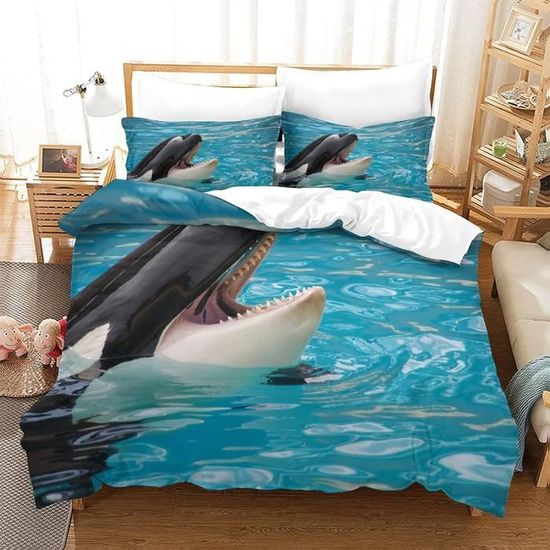 Housse De Couette 240x260 Cm Motif Baleine Et Animaux Marins - Parure De Lit 3 Pièces Microfibre Douce - Réversible
