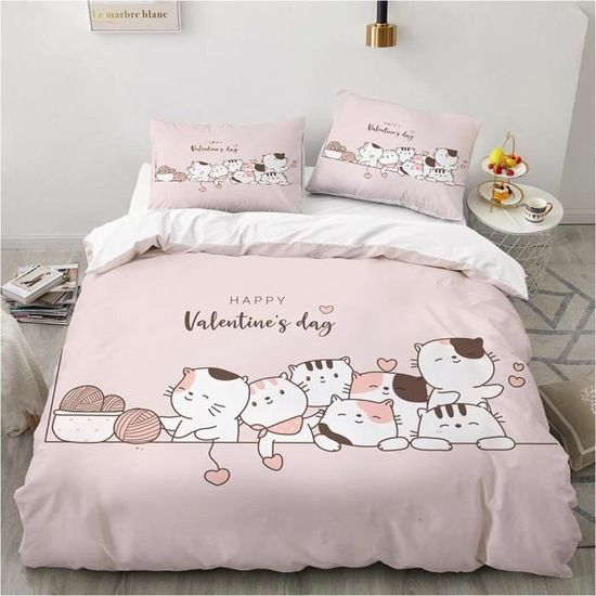 Housse de Couette pour Ado Fille Rose Saint Valentin Chat