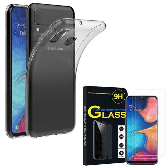 Pour Samsung Galaxy A20E- A20e Dual SIM 5.8": Coque silicone gel UltraSlim - TRANSPARENT + 2 Films Verre Trempé