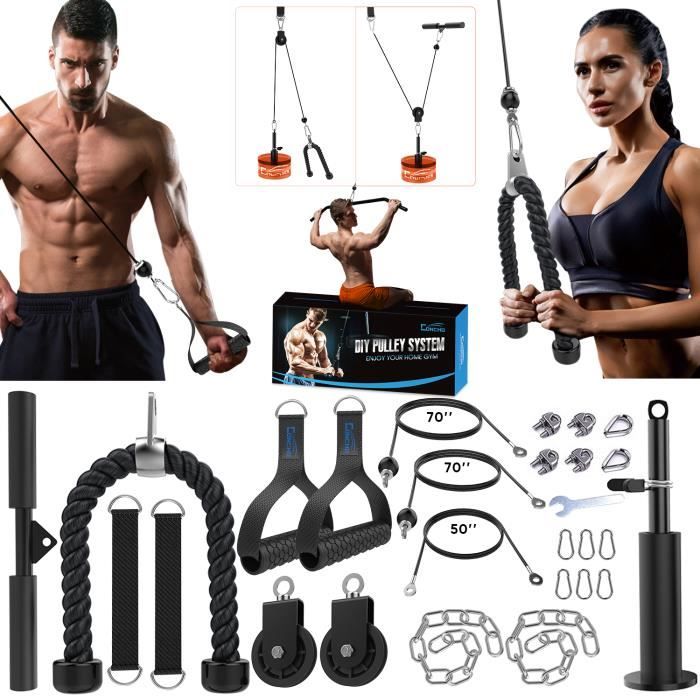 Fitness Poulie Musculation Système de Câble DIY Home Gym Corde entraînement Longueur réglable LAT pour Biceps Curl 3 Poignées