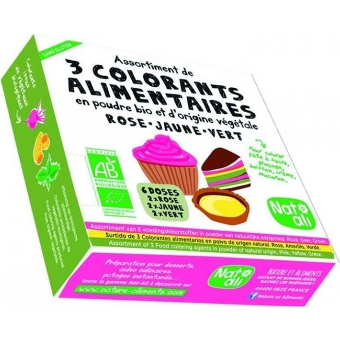 Nat-Ali - Colorants alimentaires étui 3 couleurs poudre 30gr