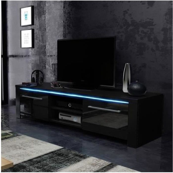 Meuble TV design MANHATTAN 140 cm à 2 portes & 2 niches coloris noir mat et noir brillant + led Noir