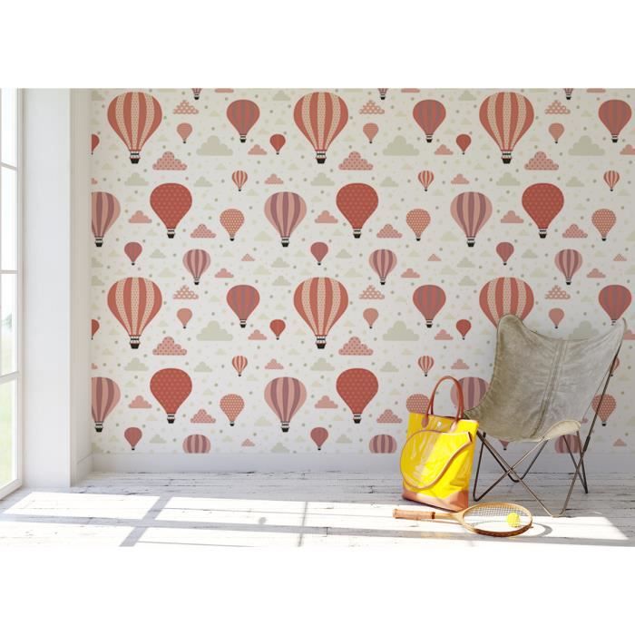 Papier peint enfant finition satiné pré-encollé -Motif montgolfière dans les nuages- L, 137 x H, 270 cm