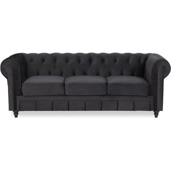 Canape Chesterfield Velours 3 Places Altesse Noir
