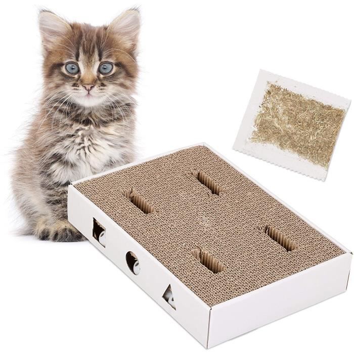 Griffoir pour chat carton avec jouets boules plastique menthe chat HxlxP: 6,5 x 35,5 x 25 cm, blanc 220567