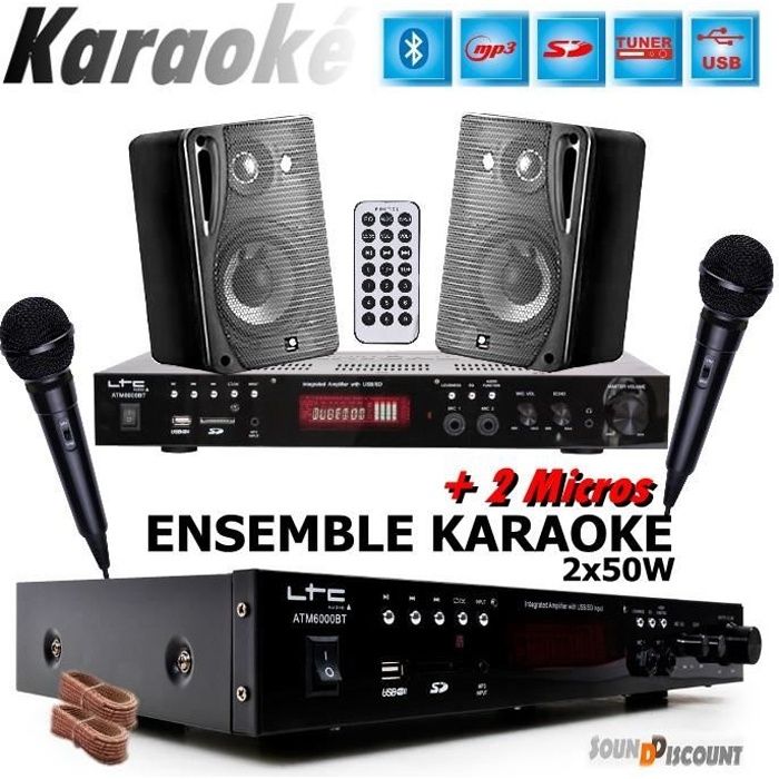 PACK KARAOKÉ + 2 MICROS + 1 AMPLI USB BLUETOOTH + 2 ENCEINTES HIFI ... PA-DJ