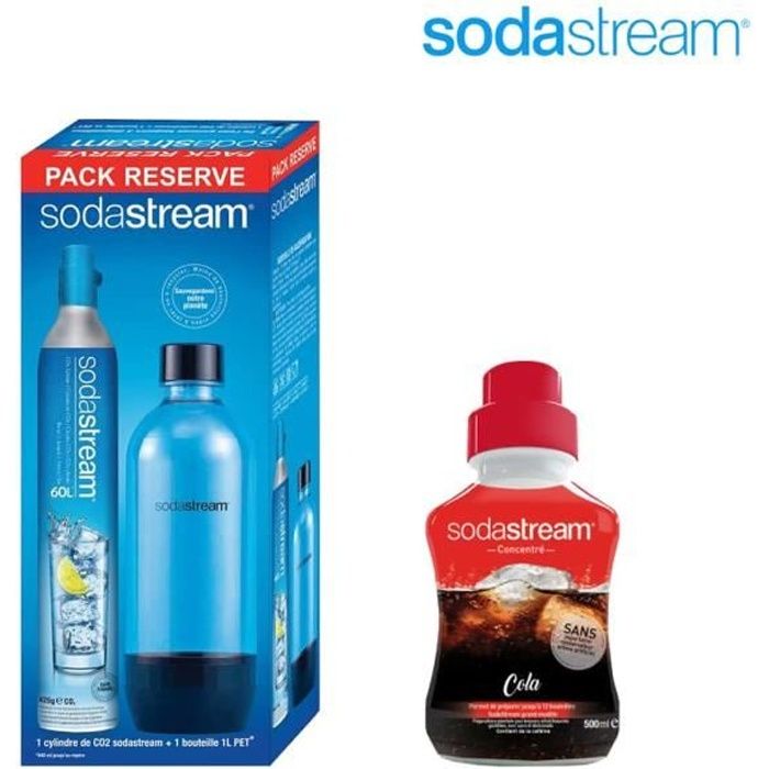 Pack SODASTREAM Cylindre CO2 60L - 1 bouteille PET 1L - Concentré Cola 500 ml