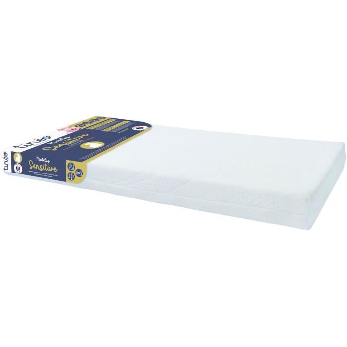 TINÉO - Matelas bébé 60x120x10cm Sensitive, Traitement Hypoallergénique 100% Naturel, Déhoussable, Fabriqué En France