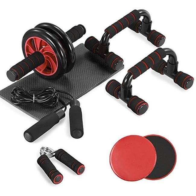 XJYDNCG Roue Abdominale + Poignée de Pompe + Corde à Sauter + Pince à Main + 2 Disques de Fitness + Tapis de Genou Kit Complet