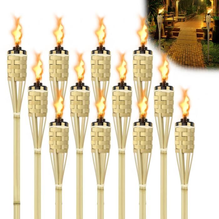 XMTECH Lot de 12 Torche de jardin, Flambeaux en bambou,Torche à huile en bambou avec mèche, Hauteur 90cm
