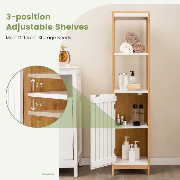 GOPLUS Armoire Haute Autoportante de Salle de Bain Armoire de Rangement Étroite Étagère Réglable Tour à Linge Bambou Naturel