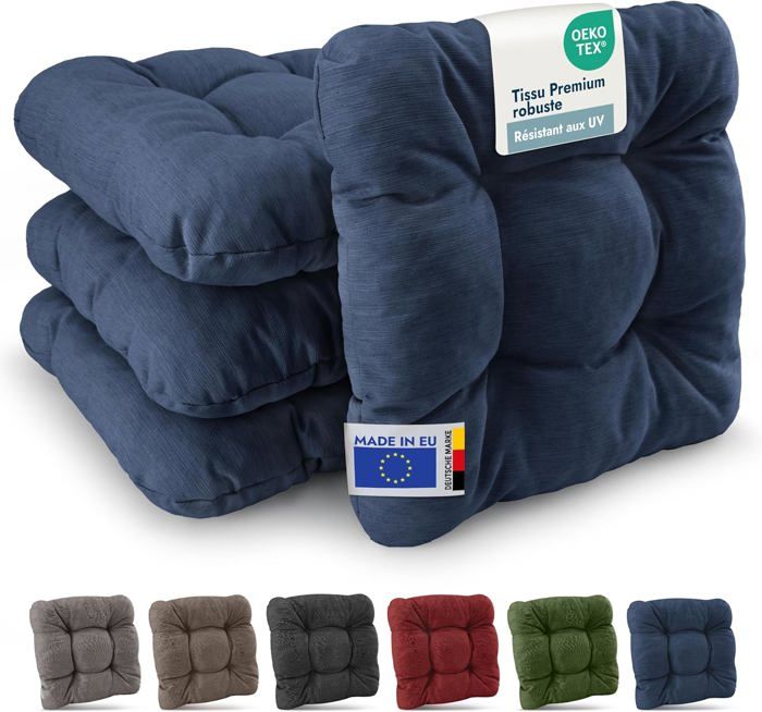 Beautissu HighLux SK – Premium Set de 4 Galette Chaise Jardin Extérieur 35x35 cm Bleu Foncé – 8 cm Épaisseur