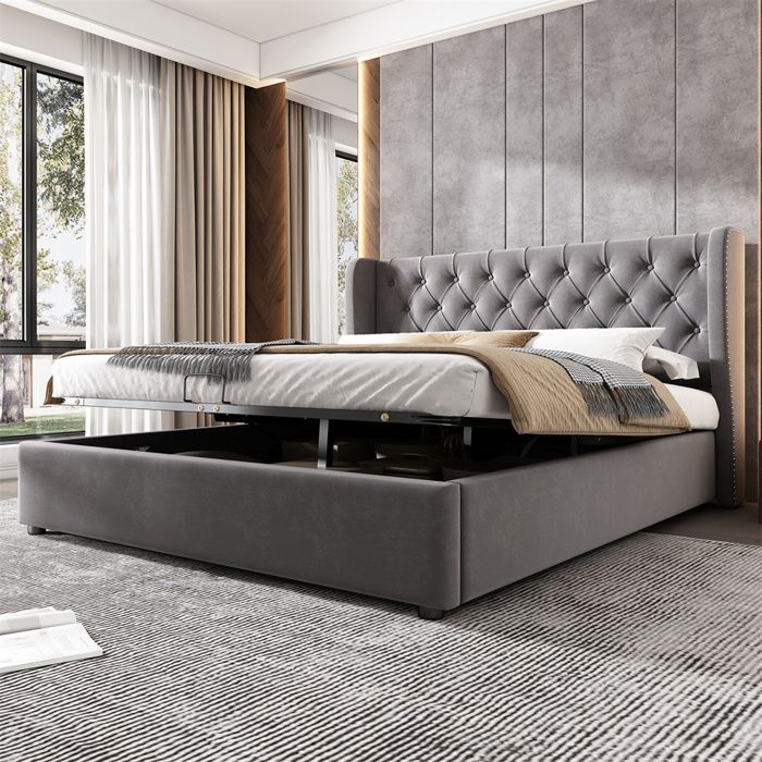 Lit coffre - SEA WALL - Chesterfield - 140x190 cm - Velours gris - Rangement hydraulique