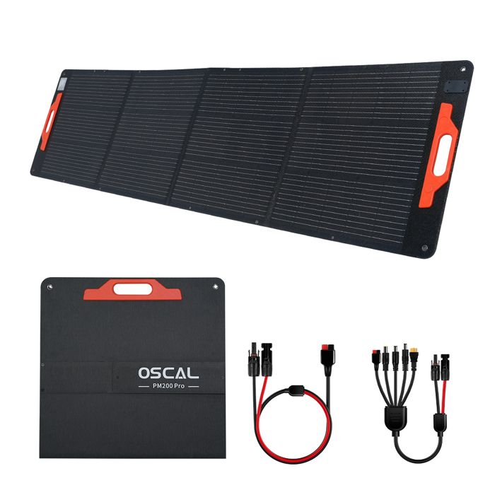 OSCAL PM200 Pro – Panneau solaire pliable 200W monocristallin ETFE IP67 avec câble MC‑4 5 en 1 pour camping voyage pêche