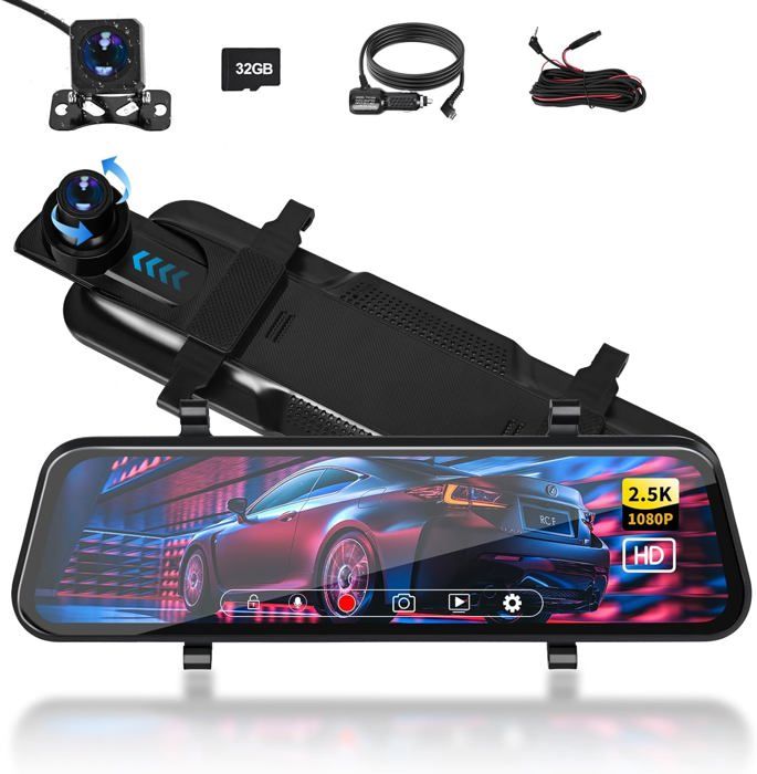 Dashcam Voiture Avant 2.5K + Arrière 1080P Avec WiFi - Caméra Embarquée Grand Angle 170° - Vision Nocturne, G-Sensor, Mode Parking - Inclut Carte SD 64 Go