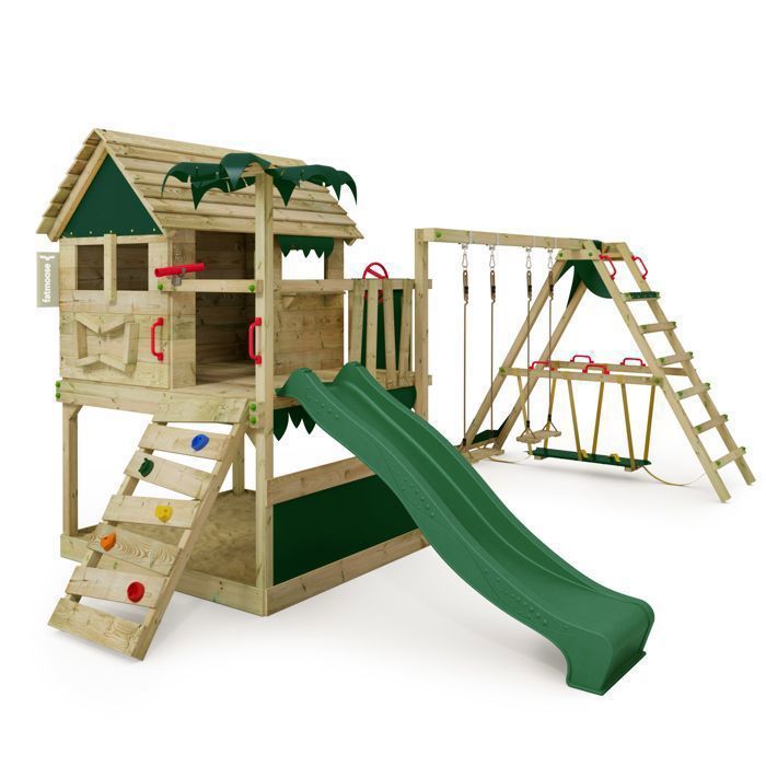 Tour de jeux bois FATMOOSE TikaTaka Town XXL avec toboggan 220 cm vert bac à sable et SurfSwing – 10 ans de garantie*