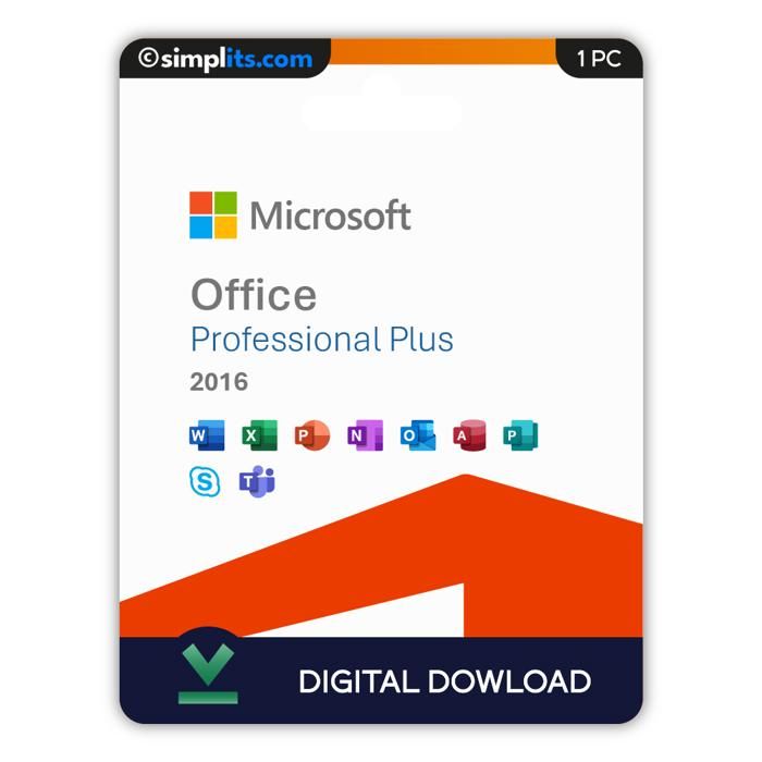 Microsoft Office Pro Plus 2016 – Activation Perpétuelle – À télécharger – 1 PC – Non compatible Mac