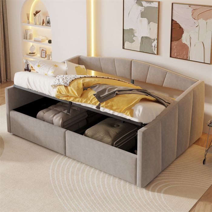 Lit 140x200 avec Sommier Lit Banquette avec Coffre Rangement Lits pour Adulte Ado Velours Gris Clair Design Classique à Rayures