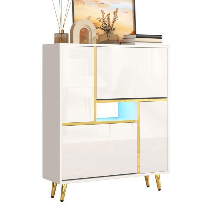 Armoire À Chaussures Moderne Étagère À Chaussures Étroite Blanc Façade Lisse Lampe LED 16 Couleurs (80 X 25 X 96 cm)