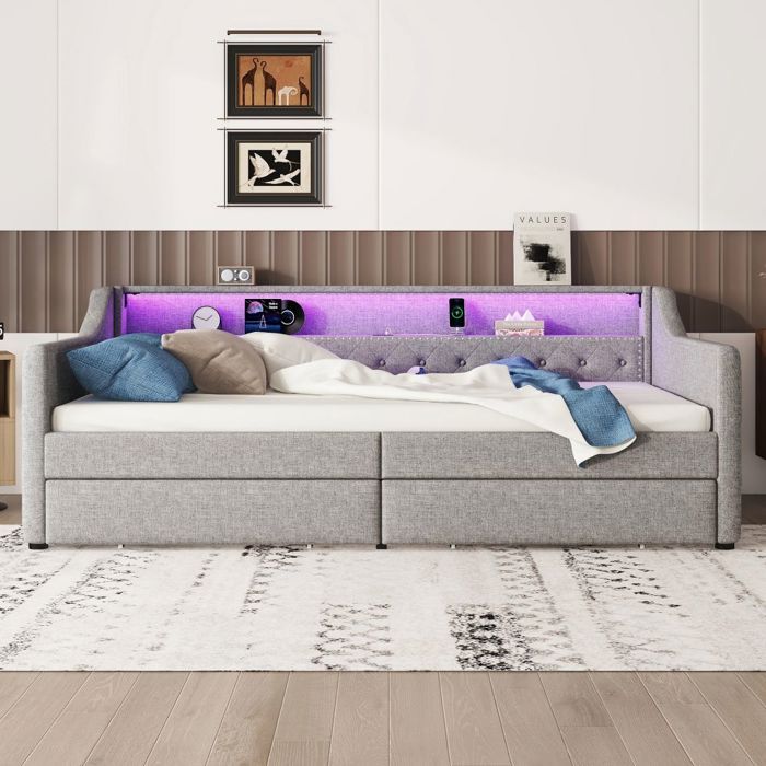 Banquette-lit 90x200 cm 2 tiroirs sommier lattes éclairage LED+USB télécommande tissu gris - sans Matelas Banquette-lit 90x200 cm 2 tiroirs sommier lattes éclairage LED+USB télécommande tissu gris - sans Matelas