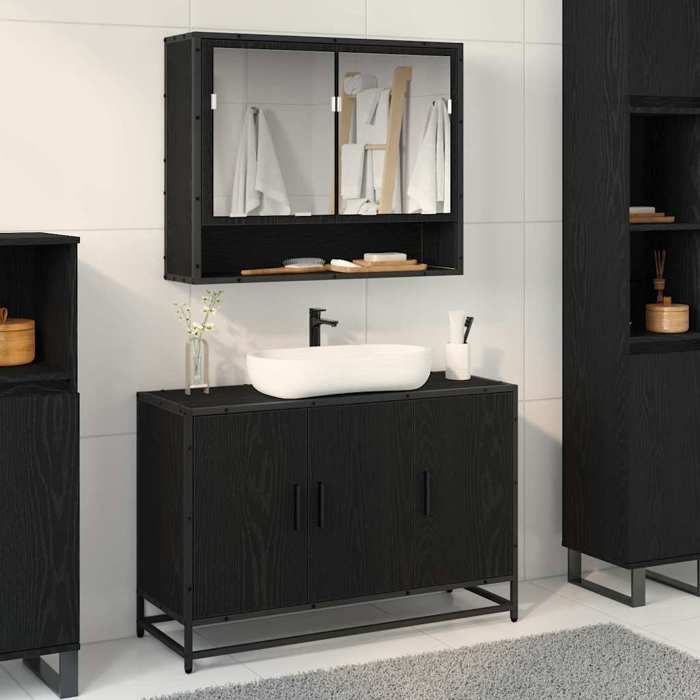 Moderne Meuble de Lavabo de Salle de bain - Meuble/sous vasque Salle de Bain - - Chêne noir 90 x 33 x 60 cm@FR(83483）