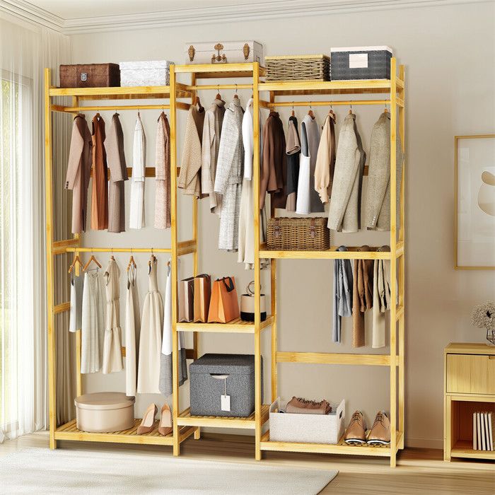 Armoire Ouvert en Bambou Solide - 177x41.5x196 cm Portant Dressing avec Étagère Porte à Vêtement d’Entrée Chambre Salon