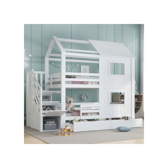 Lit superposé O.Ye armoire escalier avec compartiments de rangement tiroirs de rangement sur roulettes Blanc mu LITS SUPERPOSES