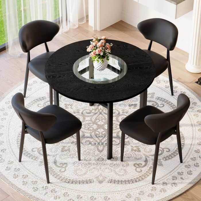Ensemble de table ronde - Table ronde 100 cm - 4 fauteuils noirs - Verre trempé - Design minimaliste