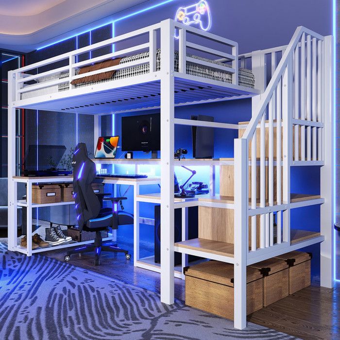 Lit Mezzanine 90x200cm avec éclairage LED et Port USB lit Mezzanine avec Bureau lit superposé escalier - Espace de Rangement Blanc