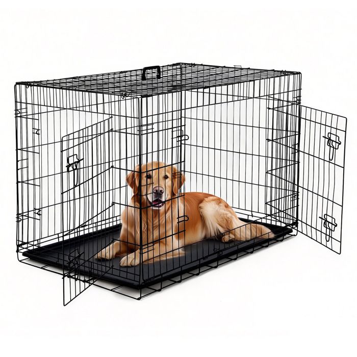 Cage pour Chien 42 “ Double Porte de Sécurité Séparateur Amovible Plateau Inclus Cage Pliable Voyage avec Chien Noir