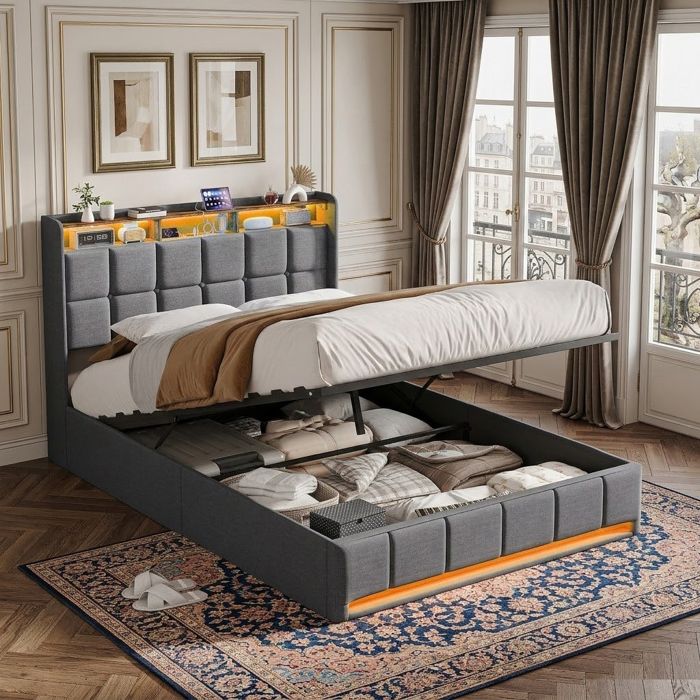 Lit Coffre - RWUDV - Lit 140x200cm - Ports USB/Type‑C - LED multicolore - Sommier à lattes & coffre hydraulique