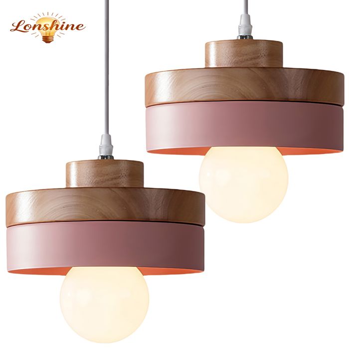 LONSHINE 2PCS Suspension Moderne Rond Lustre Abat-jour en Bois et Métal Rose E27 Luminaire Éclairage de Plafond pour Salon Chambre