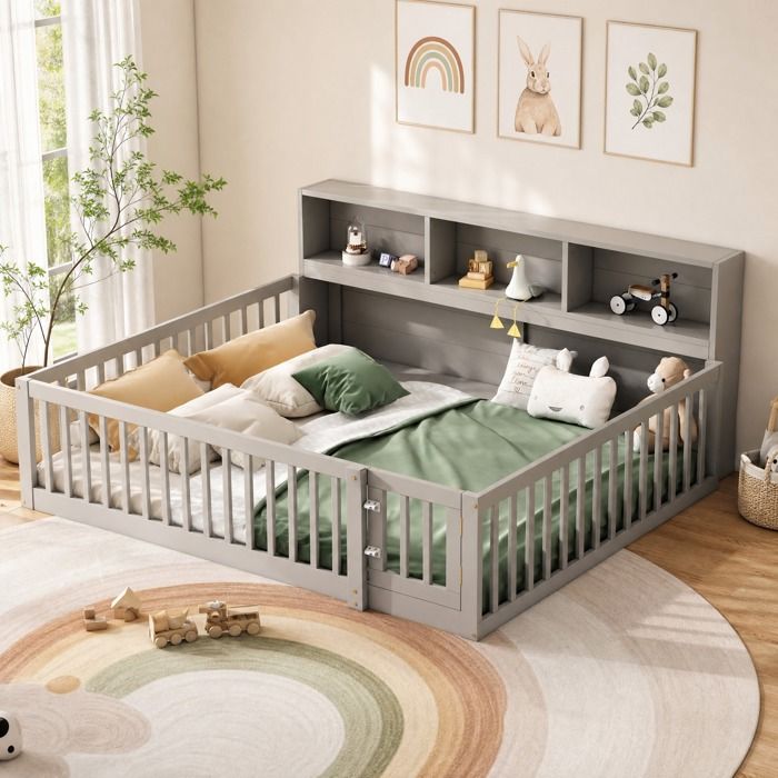 Lit banquette enfant 140×200 cm barrières de sécurité rangement intégré et sommier à lattes - BEAUNIV - sans matelas pin MDF gris