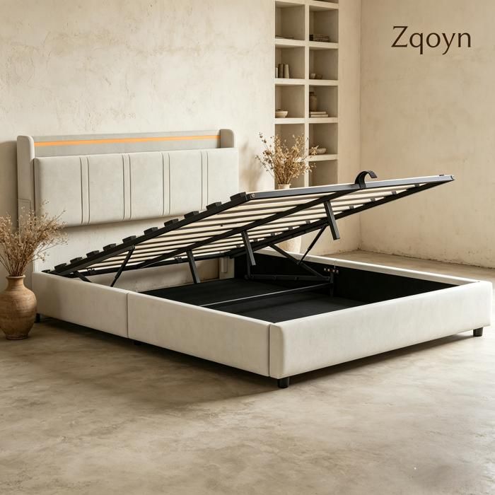 Lit double 140 x 190 cm Lit coffre Lit rembourré hydraulique avec sommier avec LED et USB Tpye C Beige Zqoyn