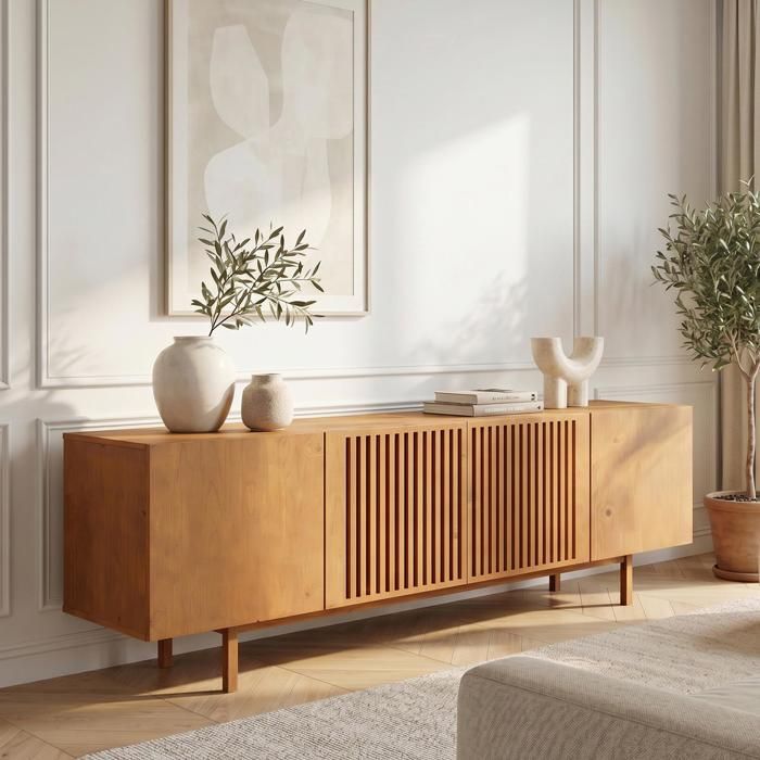 Meuble TV LINN L 180 cm en Bois Massif Coloris Chêne avec 4 Portes Étagères Intérieures Tour TV jusquà 203 cm (80)