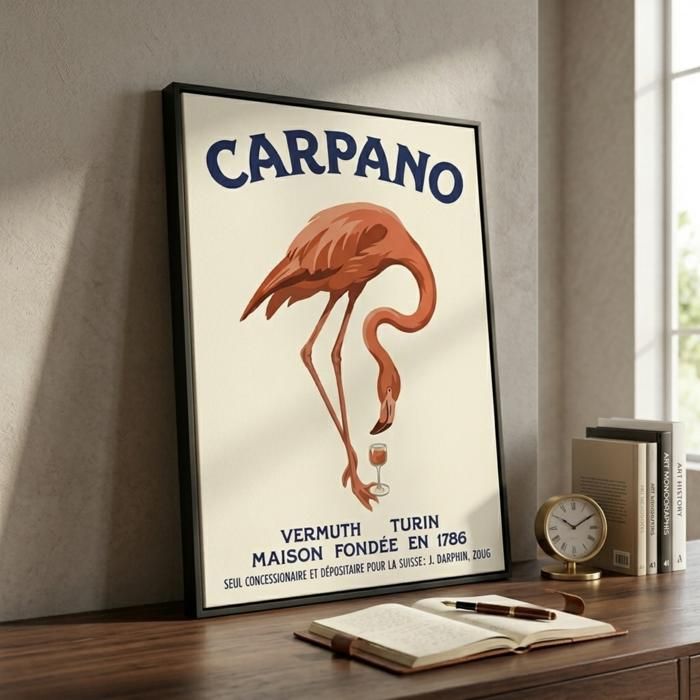 Tableau toile flamant rose style affiche vintage décorative cadre flottant noir 6191