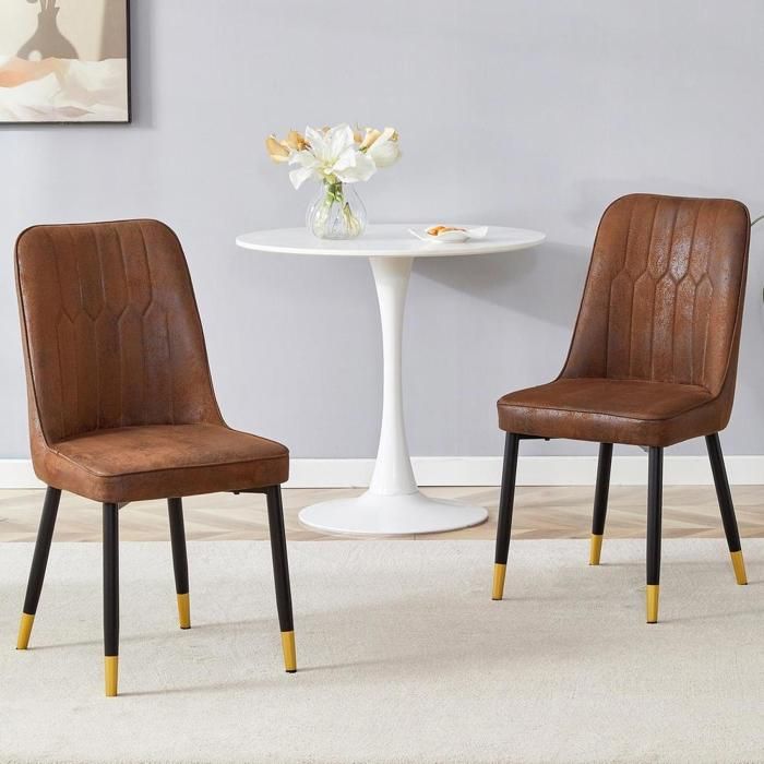 Chaise de salle à manger - KOMHTOM - 43x41.5x89cm - Cuir PU - Marron - Lot de 2 pieds métal antidérapants Chaise de salle à manger - KOMHTOM - 43x41.5x89cm - Cuir PU - Marron - Lot de 2 pieds métal antidérapants