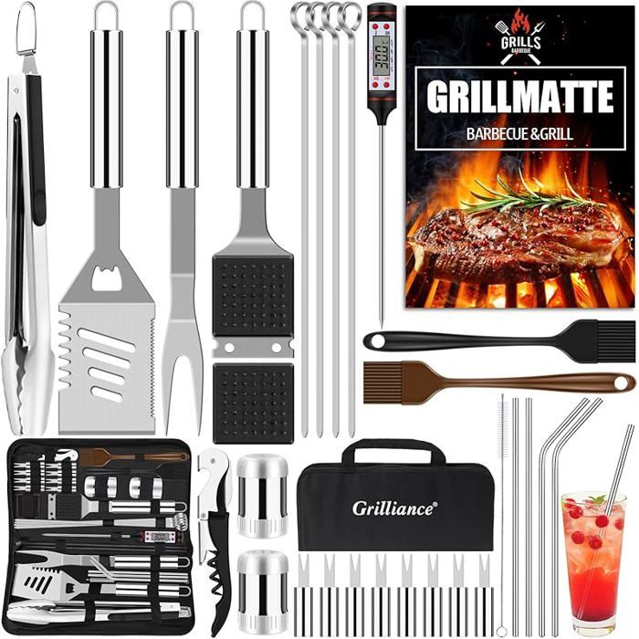 Lot de 30 ustensiles de Barbecue en Acier Inoxydable de qualité supérieure - Pince à Barbecue - avec Mallette 2-Argenté