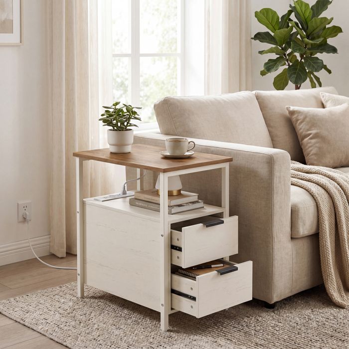 Bouts De Canapé avec Multiprise et 2 Tiroirs 60 x 30 x 61 cm Marron Rustique et Blanc