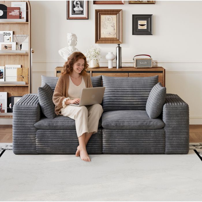 Canapé compressé 180 cm en velours côtelé gris foncé modulable coussins amovibles sans montage
