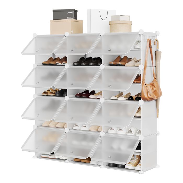 Organisateur De Chaussures Et Bottes-Armoire à Chaussures Modulable Avec Portes Transparentes Anti-Poussière -124x34x125cm-Blanc