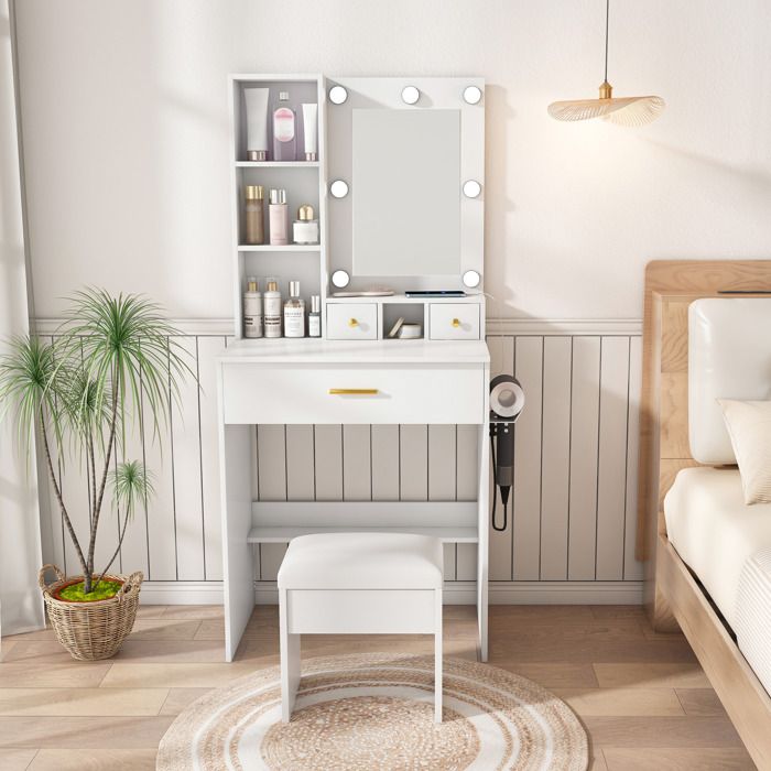 WOVREO Coiffeuse avec miroir LED 3 modes prise intégrée support