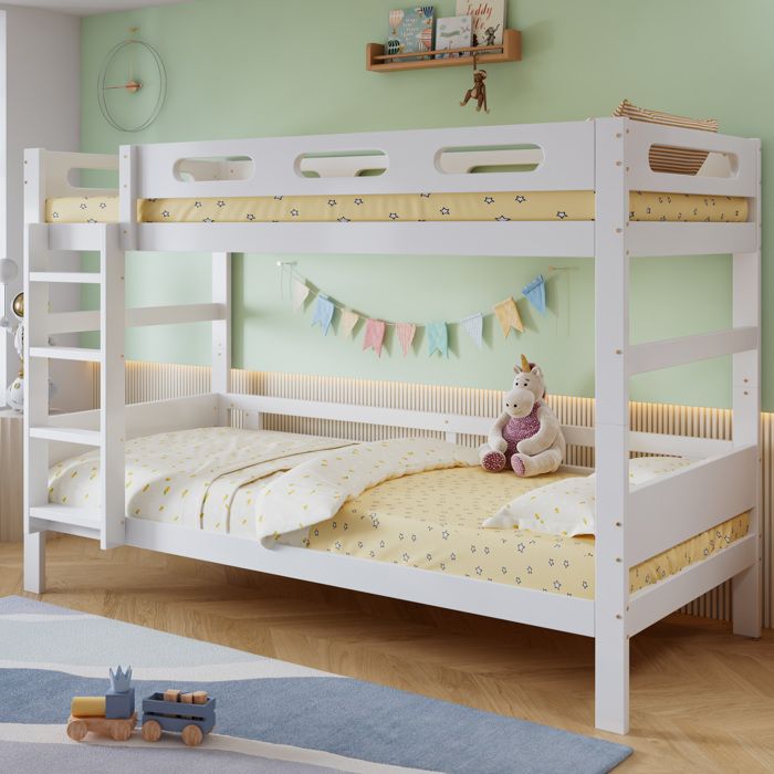 WOVREO Lit superposé enfant 90 x 200 cm en bois blanc avec échelle fixe barrière de sécurité et sommier à lattes