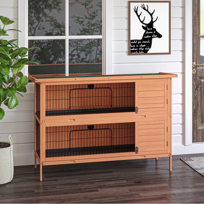 Clapier double étage cage pour cobaye en bois de sapin orange 136 4 x 50 x 93 cm intérieur extérieur ORVRYN