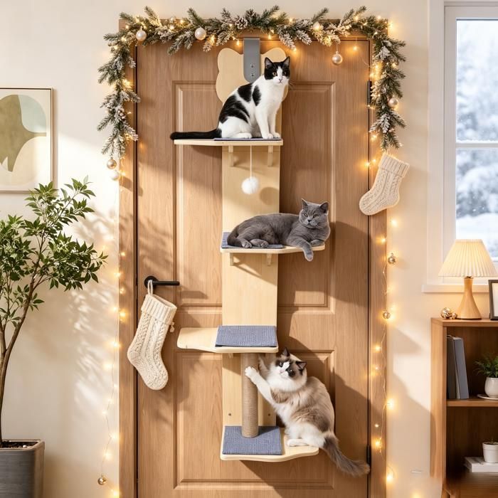 Arbre à chat suspendu porte 4 niveaux en bois avec griffoir sisal charge max 10kg 35x25x150 CM pour petit logement appt