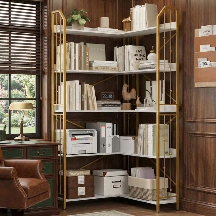 Etagère angle L 5 niveaux 72 plateau bois pied blanc doré industriel salon bureau chambre