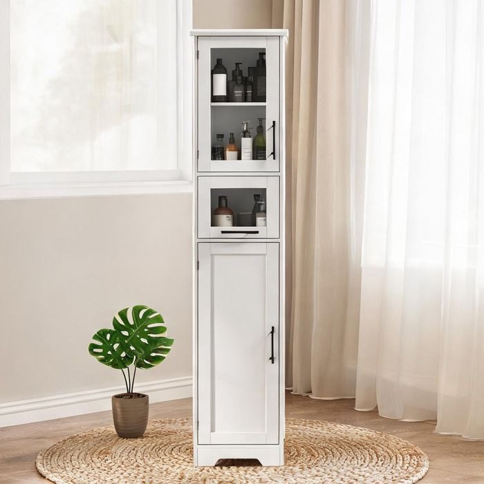 Colonne de salle de bain en MDF laqué blanc 3 zones de rangement 40 x 31 x 170 cm
