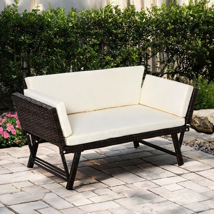 Canapé 2 places extérieur en résine tressée marron accoudoirs rabattables assise convertible en méridienne 129 cm