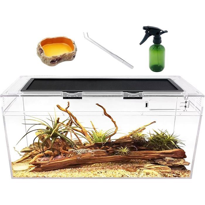Ensemble de Terrarium PC Reptile réservoir de Reptiles 50 x 25 x 20 cm avec Ventition par moustiquaire à Porte 50 x 25 x 2 PERCHOIR
