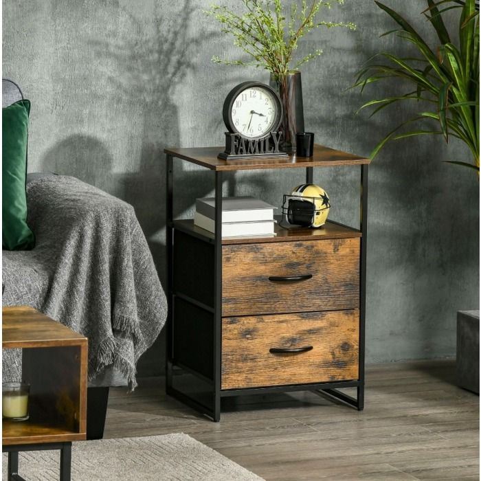 Buffet bas industriel – meuble de rangement – 2 tiroirs en tissu polyester – marron